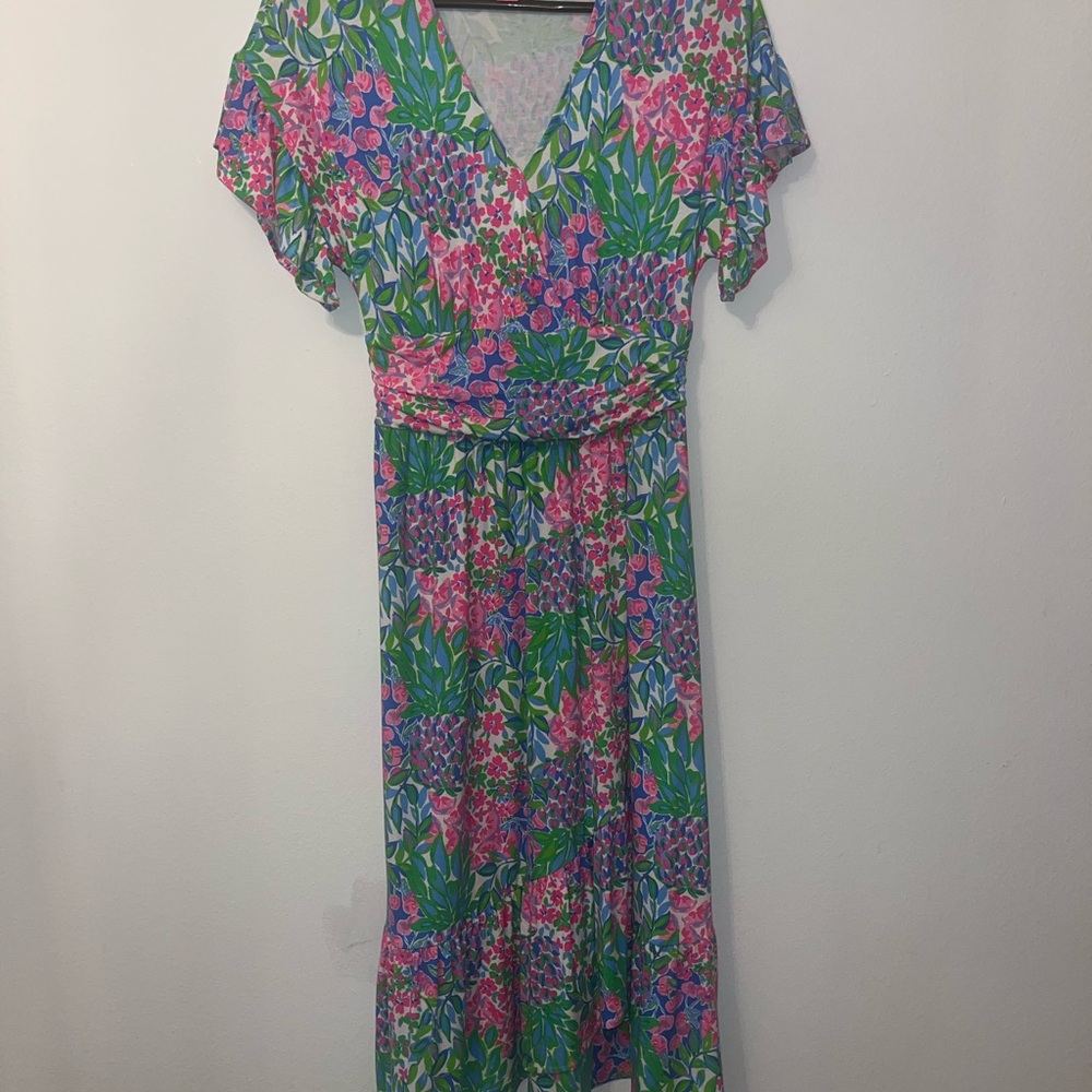 Lilly Pulitzer Pink and Green Floral Midi Dress